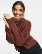 Asos Design Boxy Crew Neck Sweater With Turn Back Cuff In Brown
