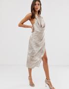 Asos Design Satin Drape Midi Dress In Neutral Croc Print - Multi