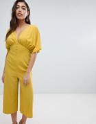 Asos Design Tea Jumpsuit With Kimono Sleeve And Button Detail - Yellow
