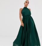 Asos Design Petite Halter Pleated Waisted Maxi Dress - Green