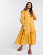 Asos Design Trapeze Midi Smock Dress In Textured Dobby In Mustard-yellow