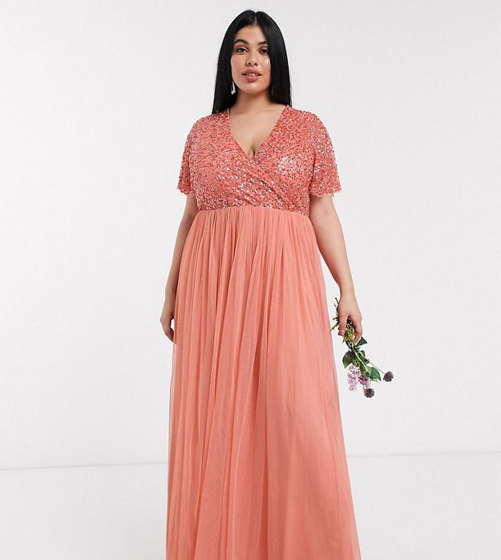 Maya Plus Bridesmaid Wrap Front Delicate Sequin Maxi Dress With Tulle Skirt In Coral-orange