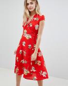 Boohoo Floral Pleat Trim Wrap Midi Dress - Red