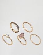 Asos Pack Of 5 Stone Etched Ring Pack - Gold