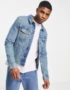 Asos Design Skinny Denim Jacket In Tinted Mid Wash-blue