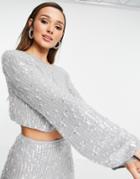 Asos Edition Sequin & Crystal Fringe Top In Gray-grey