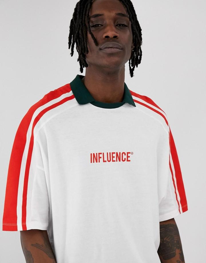 Asos Design Organic Cotton Oversized Polo With Influence Text Print And Stripes - White