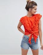 Asos Design Broderie Tee With Frill Sleeve And Tie Front - Red