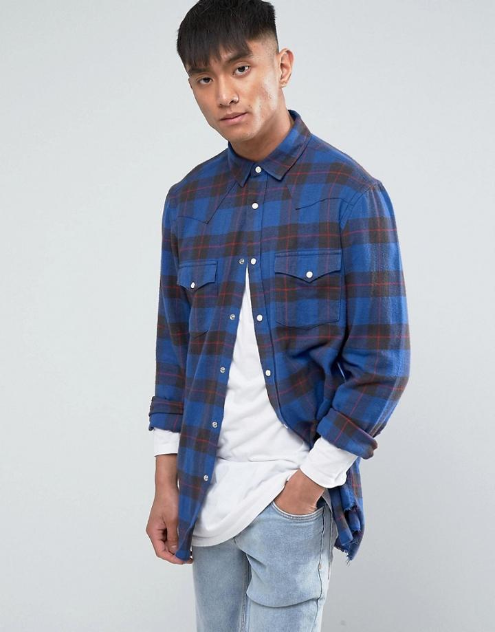 Asos Regular Fit Super Longline Check Shirt With Raw Hem - Blue