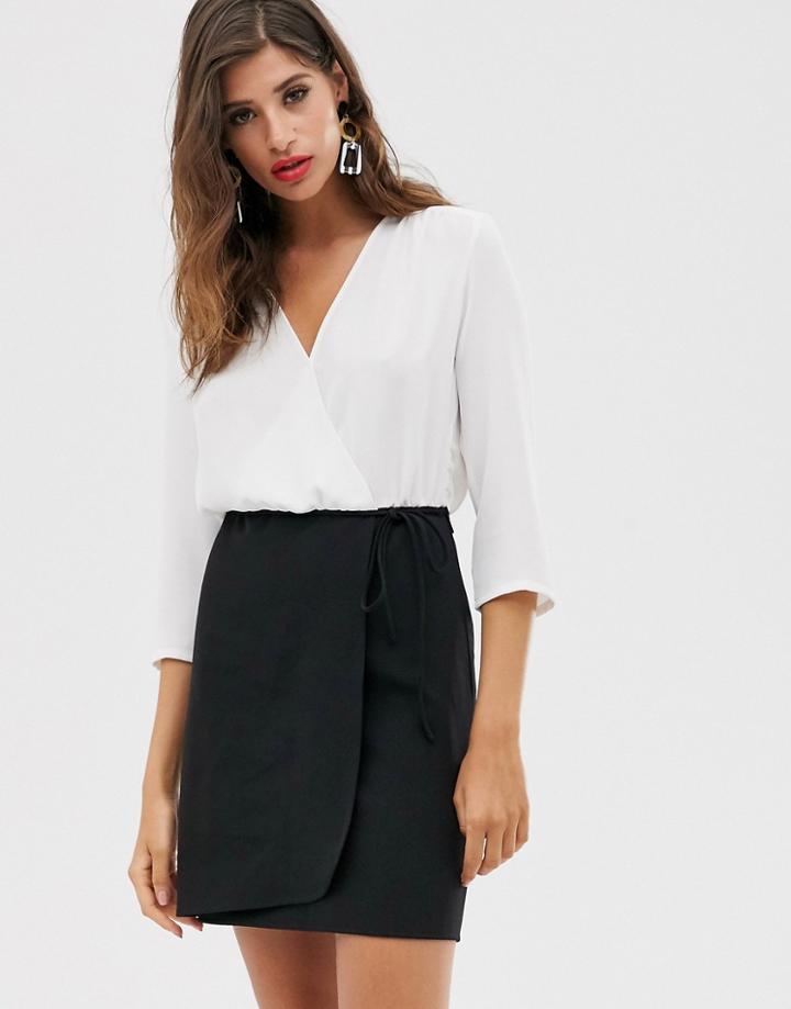 Mango V Neck Tie Waist Dress In Monochrome - Black