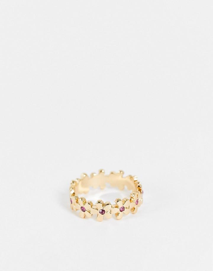 Asos Design Ring In Flower Design With Pink Crystal Detail In Gold Tone