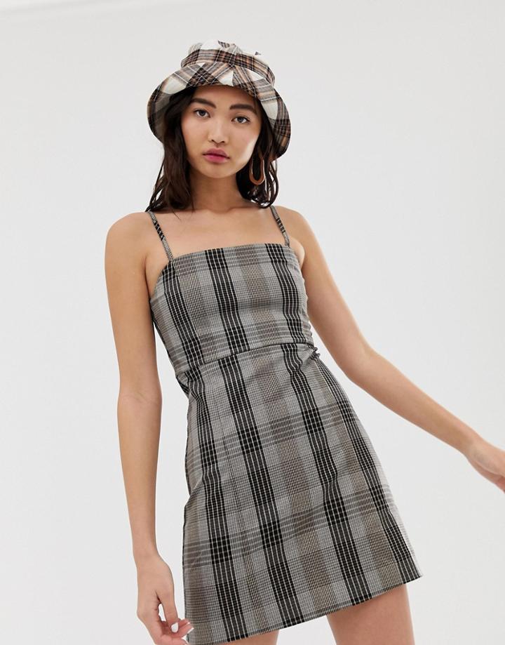 Monki Checked Mini Dress In Gray - Gray