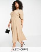 Asos Design Curve Button Through Waist Midi Shirt Dress In Beige-neutral