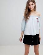 Influence Chambray Bardot Embroidered Top - Blue