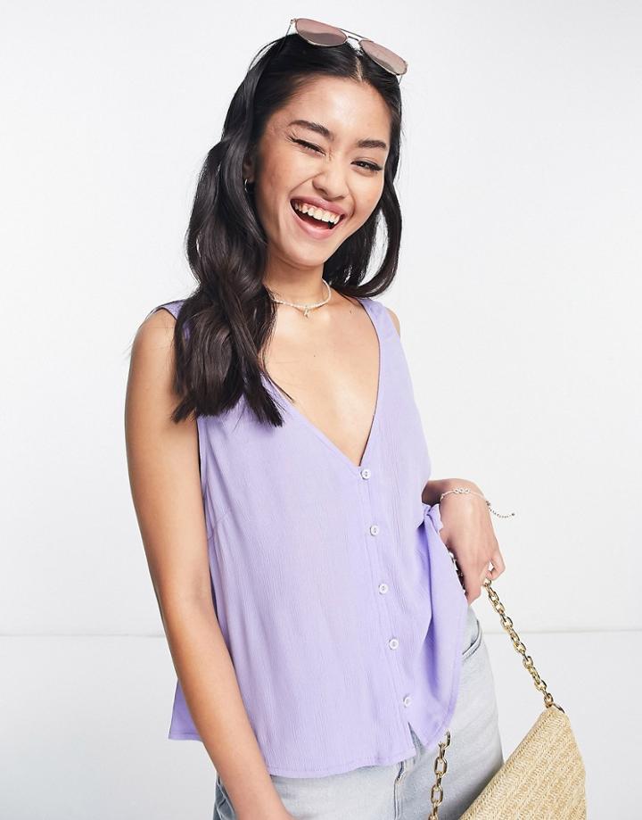 Asos Design V-neck Crinkle Tank Top With Shell Buttons In Lilac-purple
