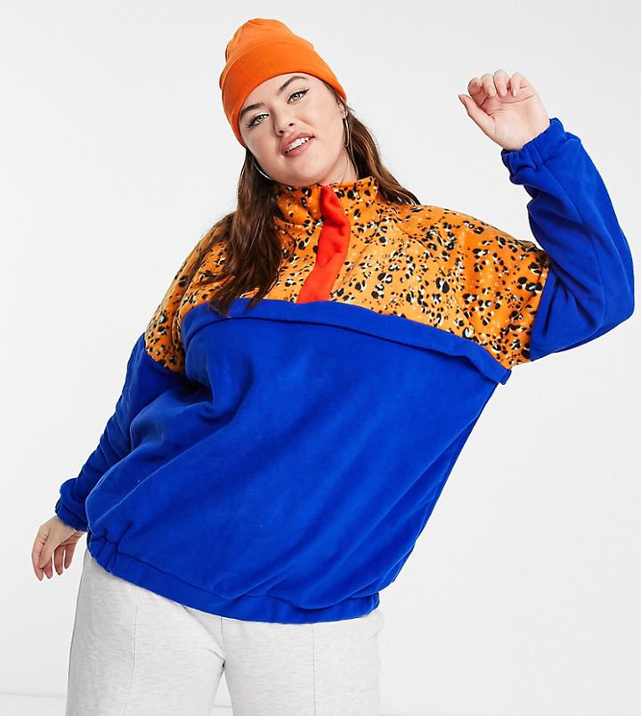 Native Youth Plus Oversized Fleece With Contrast Leopard Panel-multi