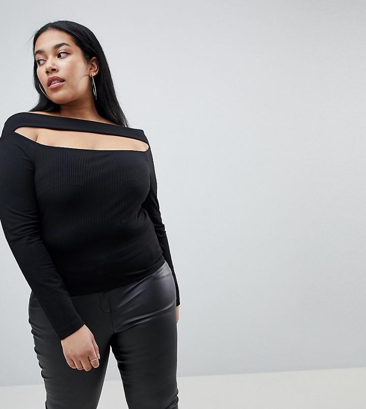 Asos Curve Going Out Slash Neck Bardot Long Sleeve Top - Black