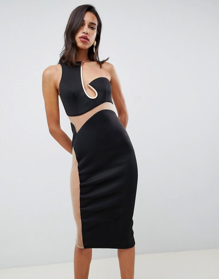 Asos Design Gold Bar Cut Out Mesh Detail Bodycon Midi Dress-black