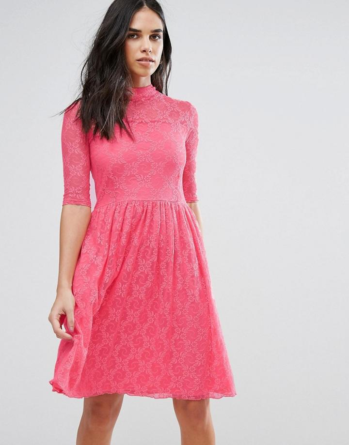 Liquorish Lace Midi Skater Dress - Pink