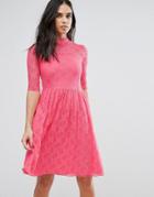 Liquorish Lace Midi Skater Dress - Pink