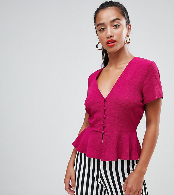 Missguided Petite Button Front Peplum Blouse In Pink - Purple