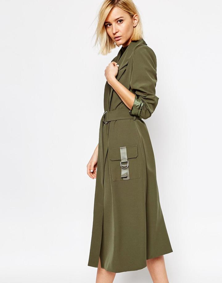 Lavish Alice Cargo Pocket & D-ring Belt Utiltity Duster Jacket - Khaki