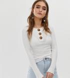 Asos Design Petite Wide Rib Lettuce Hem Top With Long Sleeves And Horn Buttons - White