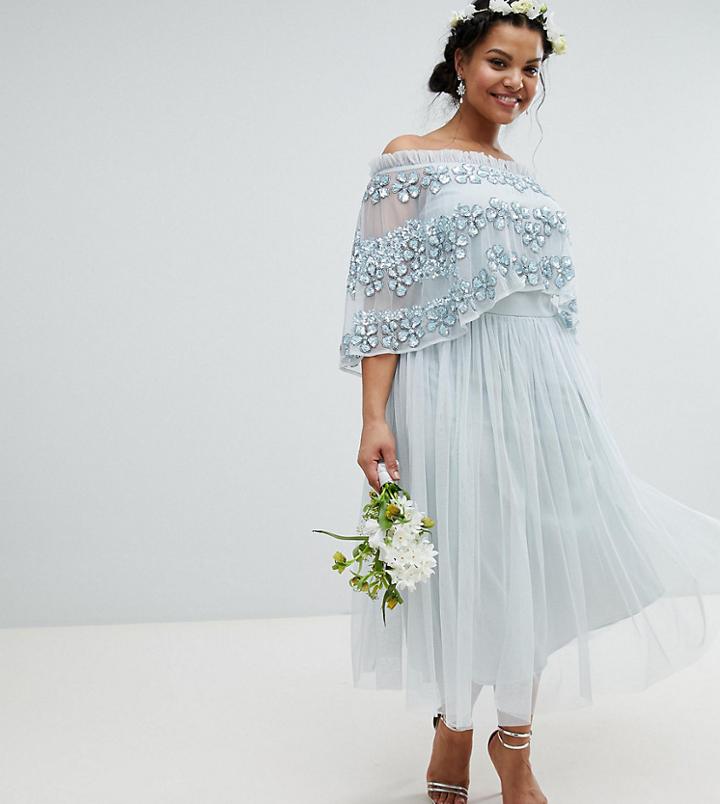 Maya Plus Embellished Bardot Layered Midaxi Dress - Blue