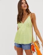 Asos Design Pleated Cami With Lace Insert - Green