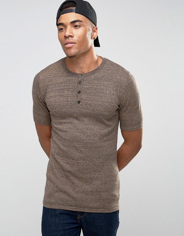 Asos Muscle Fit Knitted T-shirt With Henley Neck - Brown