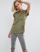 Asos T-shirt In Boyfriend Fit With Distress Detail - Green