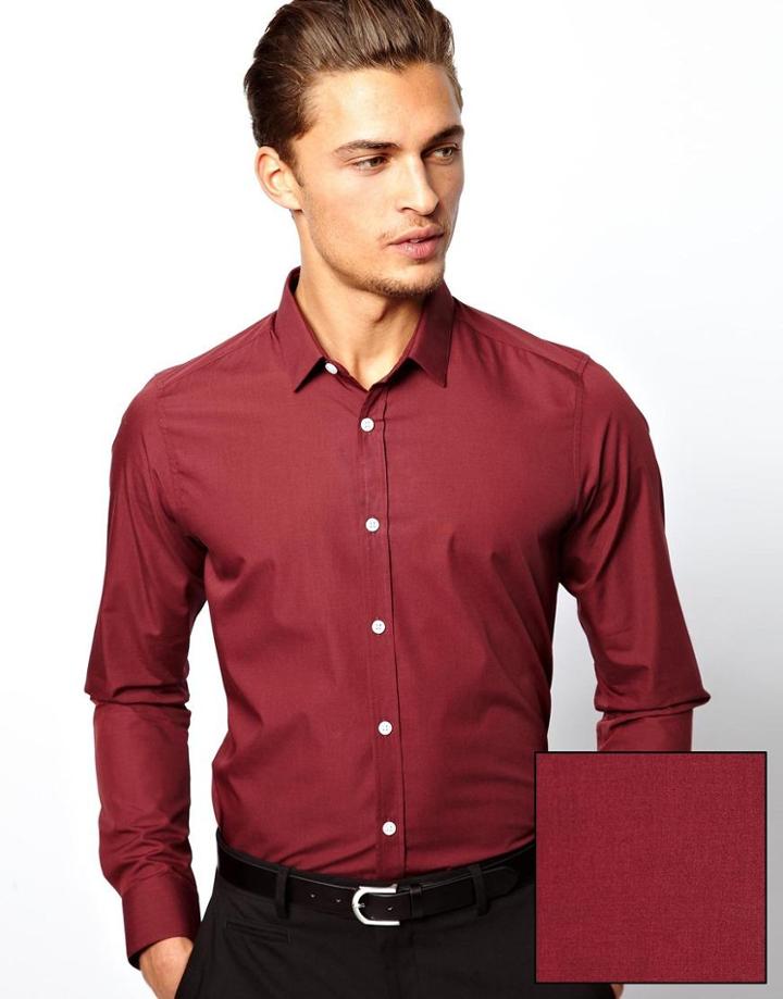 Asos Smart Shirt In Long Sleeve - Burgundy