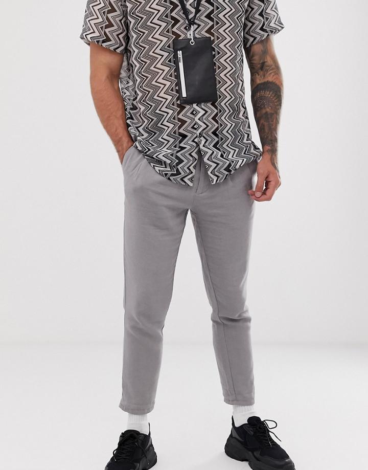 Asos Design Cigarette Pants With Pleats In Charcoal Linen-gray