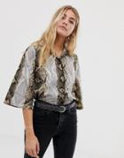 Influence Snake Print Blouse With 3/4 Flare Sleeve - Brown
