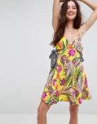 Asos Cutout Sundress In Tropical Print With Gingham Contrast Ties - Multi