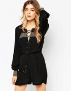 Asos 70s Playsuit With Gold Embroidery Detail - Multi