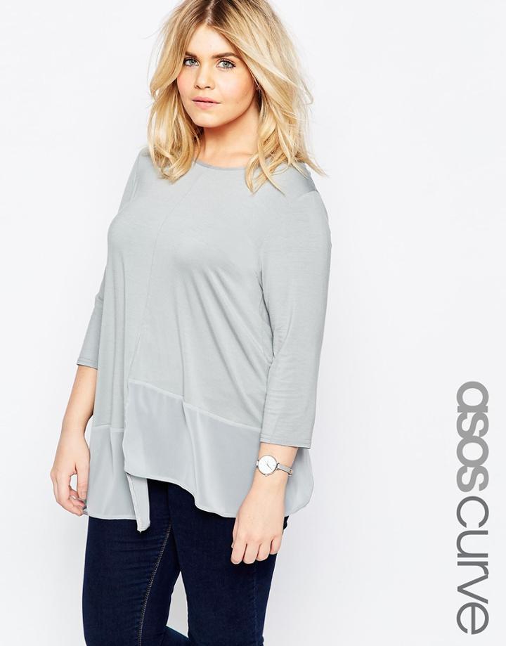 Asos Curve Swing Top With 3/4 Sleeve And Chiffon Hem - Gray