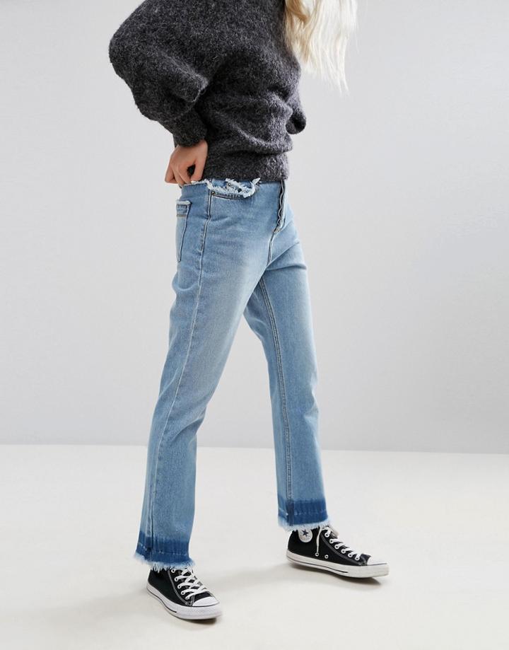 Neon Rose Frayed Hem Detail Mom Jeans - Blue