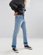 Neon Rose Frayed Hem Detail Mom Jeans - Blue