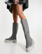 Asos Design Carla Chunky Flat Knee Boots In Gray