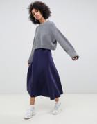 Asos Design Longer Length Midi Skirt In Scuba With Pleat Detail-navy