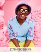Asos Design Knit Oversized Button Up Polo In Turqouise Floral-blue