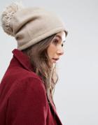Helene Berman Slouchy Beanie Hat With Knitted Pom Pom - Beige