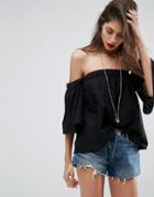 Asos Off Shoulder Top With Fluted Sleeves In Broderie - Black