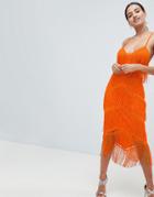 Asos Design Fringe & Lace Plunge Bodycon Midi Dress - Orange