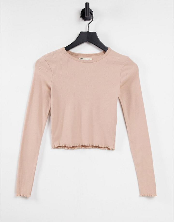 Pull & Bear Lettuce Edge Long Sleeve T-shirt In Camel-neutral