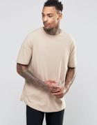 Asos Oversized Longline T-shirt With Curved Hem In Beige - Blonde