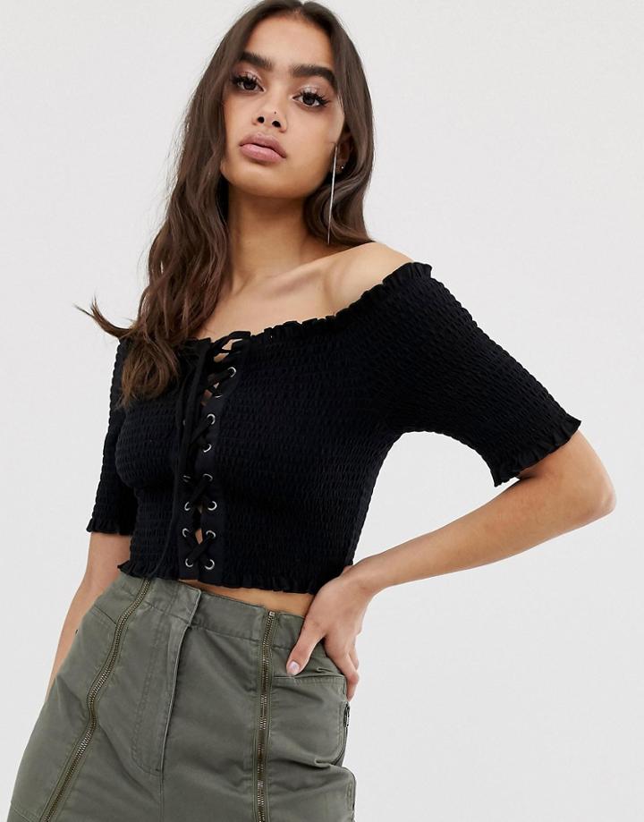 Asos Design Shirred Bardot Top With Eyelet And Lace Up Detail - Black