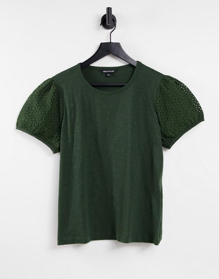 Whistles Broderie Puff Sleeve T-shirt In Green