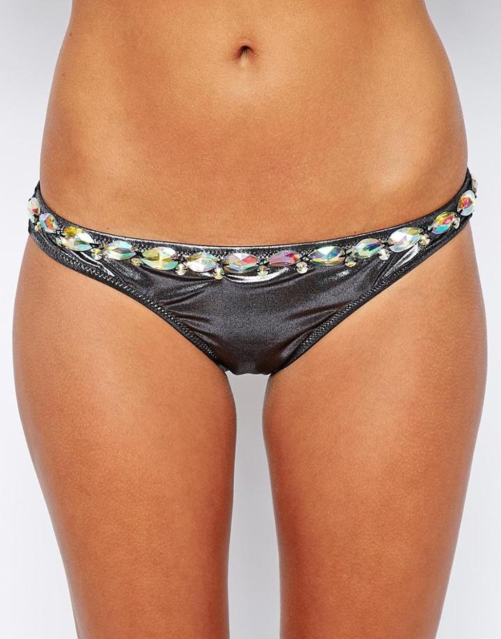 Asos Gem Embellished Brazilian Bikini Bottom - Silver